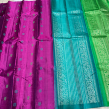 Gorgeous Purple with Turquoise Blue and Parrot Green Handwoven Pure Kanjivaram Silk with Pattu Buttas Woven body with double colored pallu and contrast zari striped parrot green blouse