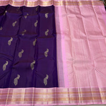 Vaibhogam- Beautiful Deep Purple with Baby Pink Handwoven Pure Jari Korvai Kanjivaram Silk with beautiful twisted gold and silver zari peacock motifs woven body with rich meenakari borders beautiful pallu and contrast woven blouse beauty
