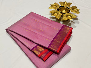 Lotus Pink with Vadamalli Purple Mallimoggu Buttas with Small borders Handwoven Pure Jari Kanjivaram Silk Saree Beauty