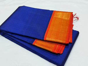Deep MS Blue with Fanta Orange Handwoven Pure Jari Korvai Kanjivaram Silk Saree Beauty