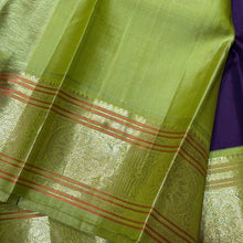 Gorgeous Aubergine Purple with Pastel Green Silver and Twisted Gold and Silver Jari Handwoven Pure Korvai Kanjivaram Silk Saree