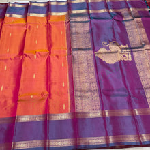 Orange with Lavendar Buttas with Simhayazhi Pallu Handwoven Pure Jari Kanjivaram Silk Saree Beauty with Rettapet Borders