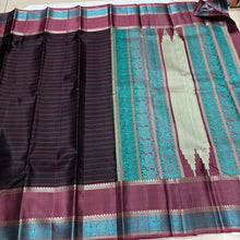 Stunning Black with Teal and Brown Handwoven Pure Zariless Kanjivaram Silk with beautiful borders striped body rich pallu and buttas woven blouse