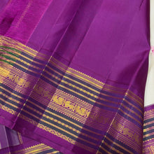 Vaibhogam- Gorgeous Offwhite with Purple Handwoven Pure Zari Korvai Kanjivaram Silk with Pattu Buttas woven body with rich varisaipet borders with beautiful pallu and contrast woven purple blouse