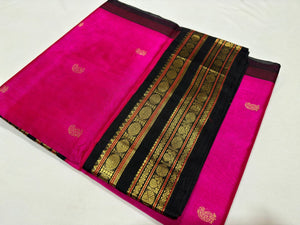 Rani Pink with Black Buttas Korvai Handwoven Pure Kanjivaram Silkcotton Saree Beauty