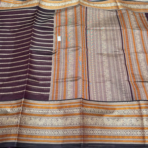Deep Coffee Brown Beldhari Striped Zariless Handwoven Premium Kanjivaram Silkcottons Beauty