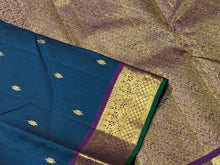 Sapphire Blue with Dark Purple Buttas Handwoven Pure Jari Kanjivaram Silk Saree with rich borders with green selvedges gorgeous pallu and contrast woven blouse