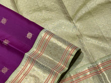 Deep Purple with Elakka Green in Kai Korvai Buttas Kanjivaram Silk Saree with beautiful diamonds and rudrakshas woven body intricate thambalam motifs woven borders rich pallu and contrast woven blouse