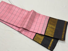 Sarasangi- Gorgeous Soft Pink with Black Handwoven Pure Jari Korvai Kanjivaram Silk with beautiful checked body rich borders pallu and contrast woven blouse