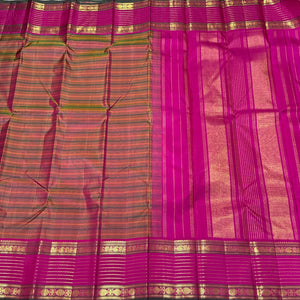 Vintage Inspired- Brown and Peach Multistriped Veldhari Style with Pink Handwoven Pure Jari Kanjivaram Silk Saree Beauty
