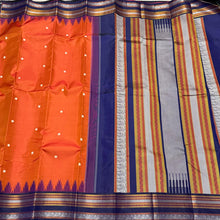 Rustic Orange with Navy Blue Buttas with temple borders Korvai Zariless Handwoven Pure Kanjivaram Silk Saree Beauty