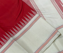 Saraswati- Red with Offwhite Temple Bordered Handwoven Premium Pure Zariless Korvai Kanjivaram Silk with beautiful offwhite borders rich seer pallu and contrast woven blouse