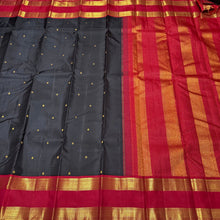 Vaibhogam -Stunning Black with Red Handwoven Pure Jari Kai Korvai Kanjivaram Silk Saree with Doublepet Borders woven body with beautiful small buttas woven all over with rich pallu and contrast woven blouse
