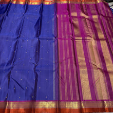 Nayaki- Gorgeous MS Blue with Dark Magenta and Rust Buttas Handwoven Pure Jari Kanjivaram Silk with beautiful buttas woven body with rich borders pallu and contrast woven blouse