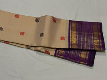 Vaibhogam- Stunning Sandal White with Purple Handwoven Pure Jari Korvai Kanjivaram Silk with thread buttas woven beautiful body with rich Borders gorgeous pallu and contrast aubergine blouse