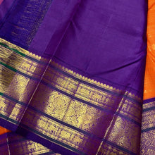 Vaibhogam- Stunning Orange with Purple Handwoven Pure Zari Korvai Kanjivaram Silk with Jari Veldhari woven body with beautiful Varisaipet borders rich pallu and contrast woven blouse