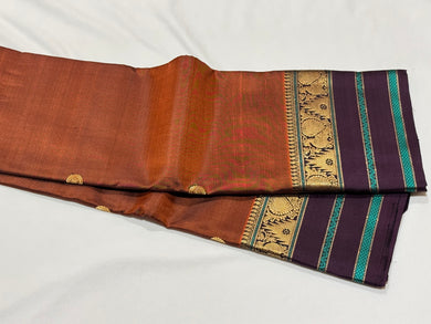 Vintage Weaves- Rust with Dark Beetlenut Purple Handwoven Pure Jari Kanjivaram Silk Saree with Meenakari Borders rich multi buttas woven body, Sorgavaasal Inspired Pallu and contrast woven blouse beauty