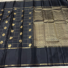 Sahana- Stunning Black with Gold Handwoven Pure Jari Kanjivaram Silk with beautiful 1000 buttas style woven checked body with mayil chakram buttas with beautiful rettapet bodi borders rich pallu and self colored checked blouse