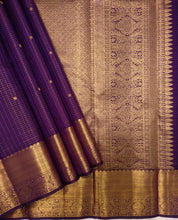 Vaibhogam- Deep Purple with Gold Handwoven Pure 2 gram Jari Kanjivaram Silk with Buttas Jarioosi Checked beautiful body with rich borders pallu and self colored blouse