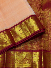 Sarasangi-Gorgeous Light Peach with Arakku Red Handwoven Pure Korvai Kanjivaram Silk with rich yazhis and peacocks woven beautiful borders rich parrots woven pallu and contrast woven blouse