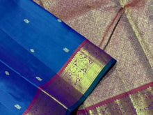 Sahana- Stunning Peacock Blue with Rustic Orange Buttas Handwoven Pure Jari Kanjivaram Silk with beautiful borders with green selvedges rich pallu and contrast woven blouse