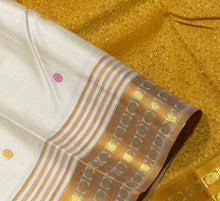 Sahana- Gorgeous Creamish White with Ganga Jamuna Pink and Mustard Rudrakshas woven beautiful borders rich golden mustard pallu and contrast golden mustard blouse