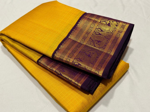 Yellow with Purple Muthukattam Korvai Handwoven Pure Jari Kanjivaram Silk Saree beauty