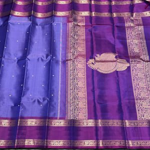 Lavenderish Blue with Purple Buttas with doublepet borders Handwoven Pure Kanjivaram Silk Saree with Single peacock pallu beauty
