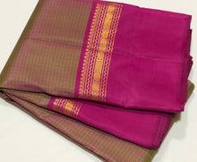 Sahana- Gorgeous Manthulir Green with Deep Pink Muthukattam Handwoven Pure Jari Kanjivaram Silk with beautiful body spaced borders rich pallu and contrast woven blouse
