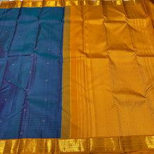 Peacock Blue with Golden Mustard Jari Oosi Kattam with Buttas Korvai Handwoven Pure Korvai Kanjivaram Silk Saree Beauty