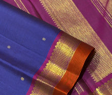 Nayaki- Gorgeous MS Blue with Dark Magenta and Rust Buttas Handwoven Pure Jari Kanjivaram Silk with beautiful buttas woven body with rich borders pallu and contrast woven blouse