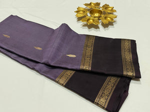 Greyish Lavendar with Dark Kanchana Purple with Simhayazhi Pallu Handwoven Pure Kanjivaram Silk Saree Beauty