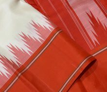Saraswati- Offwhite with Orange Temple Bordered Handwoven Pure Zariless Korvai Kanjivaram Silk with beautiful orange borders rich seer pallu and contrast orange blouse