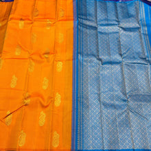Mango Orange with Blue Handwoven Pure Jari Borderless Kanchipuram Silk Saree with Muthukattam and Buttas