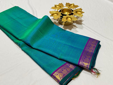 Peacock Blue Green with Purple Handwoven Pure Kanjivaram Silk Saree Beauty