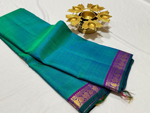 Peacock Blue Green with Purple Handwoven Pure Kanjivaram Silk Saree Beauty