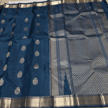 Sahana- Stunning Deep Sapphire Blue Monotone Handwoven Pure Kanjivaram Silk with Twisted Silver & Gold Zari Gandaberundas woven body with rich seepurekku borders rich pallu and self colored blouse