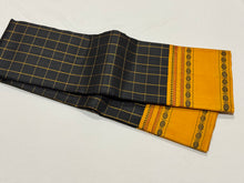 Premium Weave- Black with Mustard Yellow Handwoven Pure Zariless Korvai Kanjivaram silk saree with rudrakshapet borders checked body classic pallu and contrast woven blouse beauty