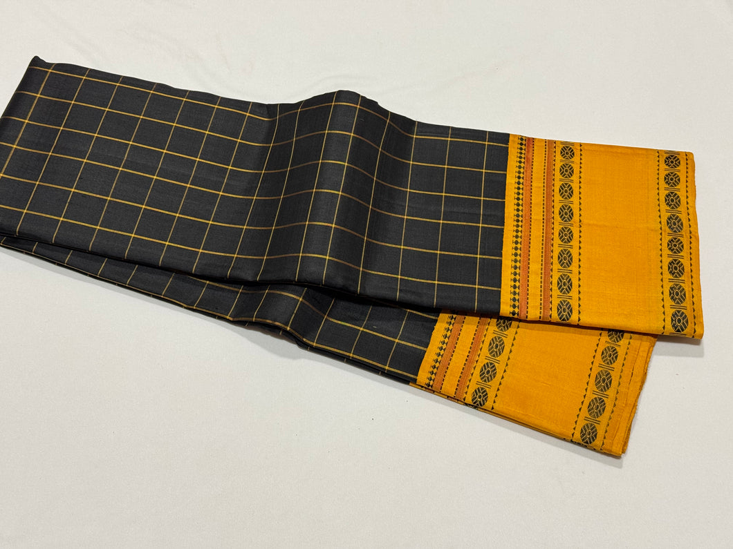 Premium Weave- Black with Mustard Yellow Handwoven Pure Zariless Korvai Kanjivaram silk saree with rudrakshapet borders checked body classic pallu and contrast woven blouse beauty