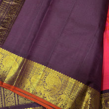 Vaibhogam-Beautiful Double tone Tomato Pink with deep maroonish brown with orange selvedges Handwoven Pure Korvai Kanjivaram Silk with floral buttas woven body beautiful elephants and annapakshis woven gorgeous borders rich pallu and contrast woven blouse