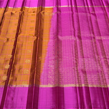 Sahana- Beautiful Honey Mustard with Magenta Handwoven Pure Kanjivaram Silk with Checked 1000 buttas style woven body with rich lakshadeepam style woven pallu and contrast woven blouse