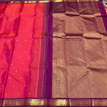 Sahana- Gorgeous Dual tone Tomato Orange with Deep Magenta Small borders with buttas Handwoven Pure Jari Kanjivaram Silk with rich pallu and contrast woven blouse