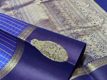 Lavenderish Blue with Navy Blue with Muthukattam Checks and Iruthalaipakshi border buttas Handwoven Pure Kanjivaram Silk Saree Beauty