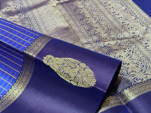 Lavenderish Blue with Navy Blue with Muthukattam Checks and Iruthalaipakshi border buttas Handwoven Pure Kanjivaram Silk Saree Beauty
