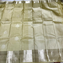 Pastel Green Tinted Cream with Silver Jari Buttas Handwoven Pure Kanjivaram Silk Saree with rich borders pallu and self colored blouse beauty