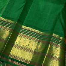 Vaibhogam-Stunning Mango Orange with Emerald Green Handwoven Pure Jari Korvai Kanjivaram Silk with Buttas woven body beautifully woven rich borders pallu and contrast woven green blouse