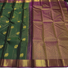 Sahana- Deep Forest Green with Dark Magenta Vairaoosi with Buttas Handwoven Pure Jari Kanjivaram Silk with beautiful Buttas gorgeous borders pallu and contrast woven blouse