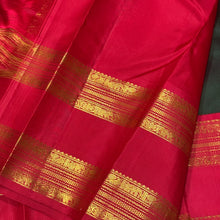 Stunning Bottle Green with Red Handwoven Pure Jari Korvai with Doublepet Rich Borders Gorgeous Pallu and Contrast Woven blouse in a Kai Korvai Handwoven Kanjivaram Silk Saree