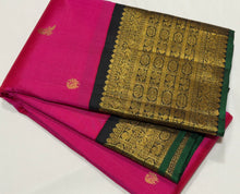 Vaibhogam- Stunning Bright Pink with Black Handwoven Pure Jari Korvai Kanjivaram Silk with beautiful bird motifs woven body with rich borders pallu and contrast woven black blouse