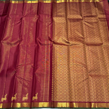 Arakku Red with Gold Vairaoosi with Border Deer Buttas Handwoven Pure Jari Kanjivaram Silk Saree Beauty